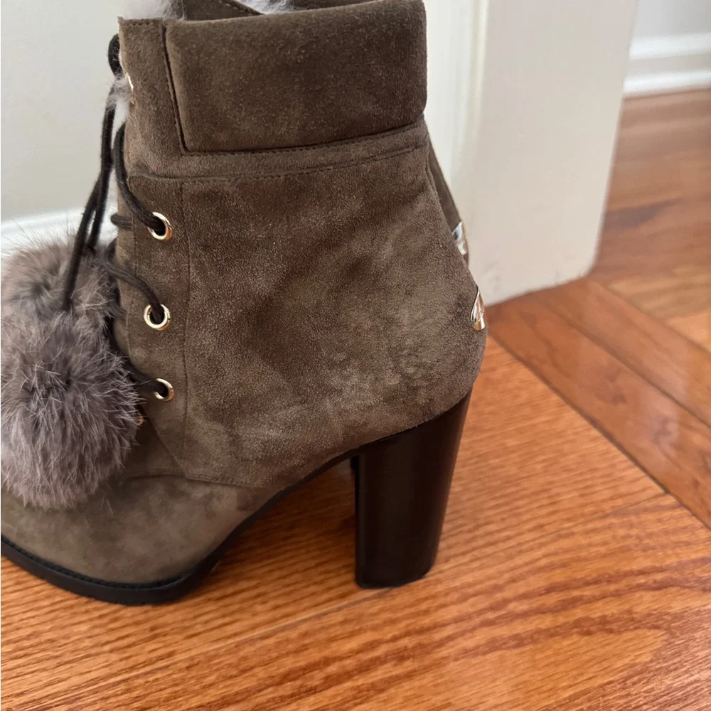 Jimmy Choo Suede Rabbit Fur Elba Heeled Boots. Size 39.